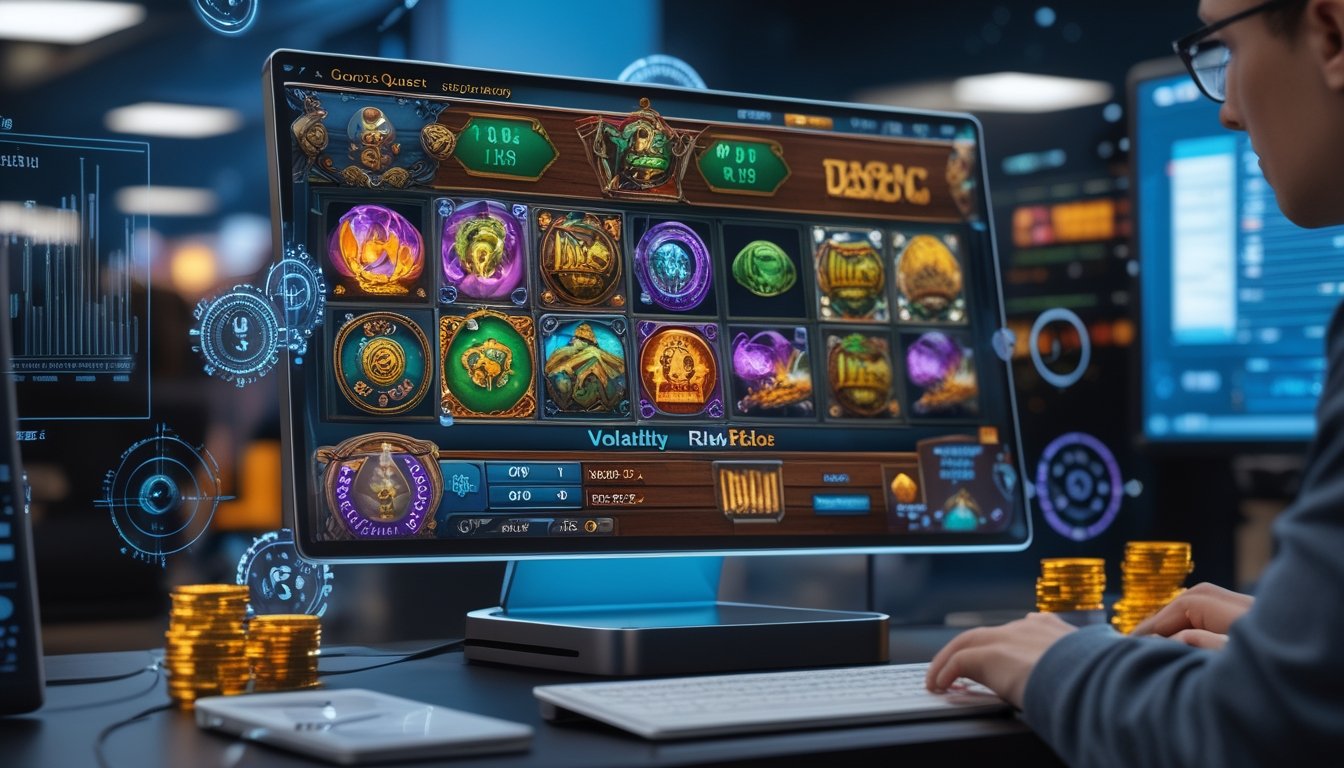 Seorang pemain sedang menganalisis permainan slot online Gonzo's Quest Megaways di layar komputer dengan grafik dan simbol permainan yang berwarna-warni.