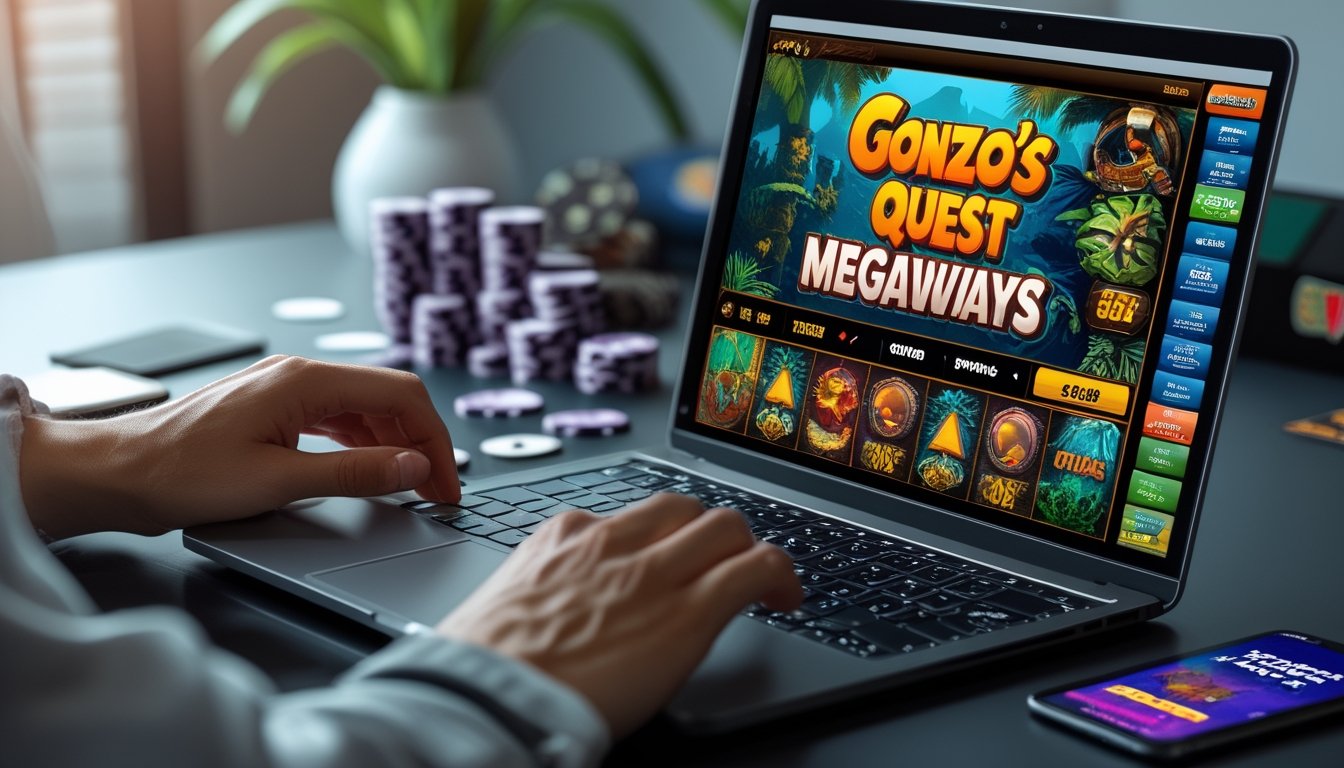 Seseorang bermain permainan slot Gonzo's Quest Megaways di laptop dengan latar meja kerja yang rapi dan beberapa perlengkapan kasino di sekitarnya.