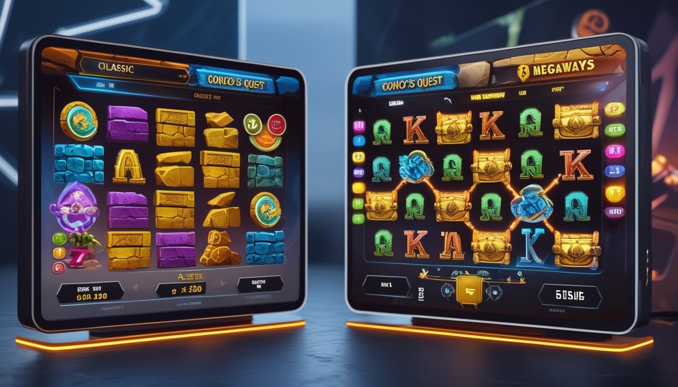 Dua layar perangkat digital yang menampilkan versi klasik dan Megaways dari permainan slot Gonzo's Quest, dengan simbol batu Inca di layar kiri dan grid dinamis di layar kanan.