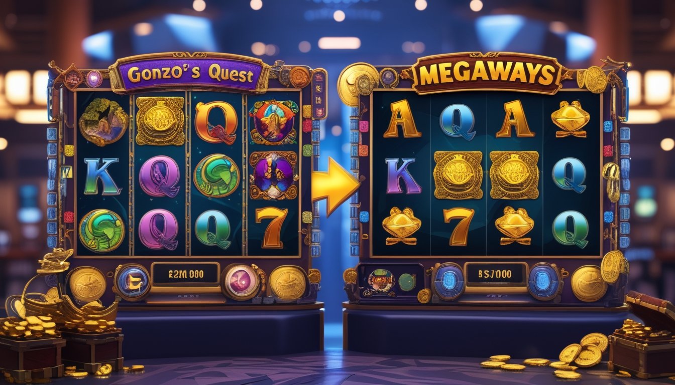 Dua mesin slot yang berbeda berdampingan, satu dengan tampilan klasik dan satu dengan tampilan modern Megaways, di latar belakang kasino yang terang.