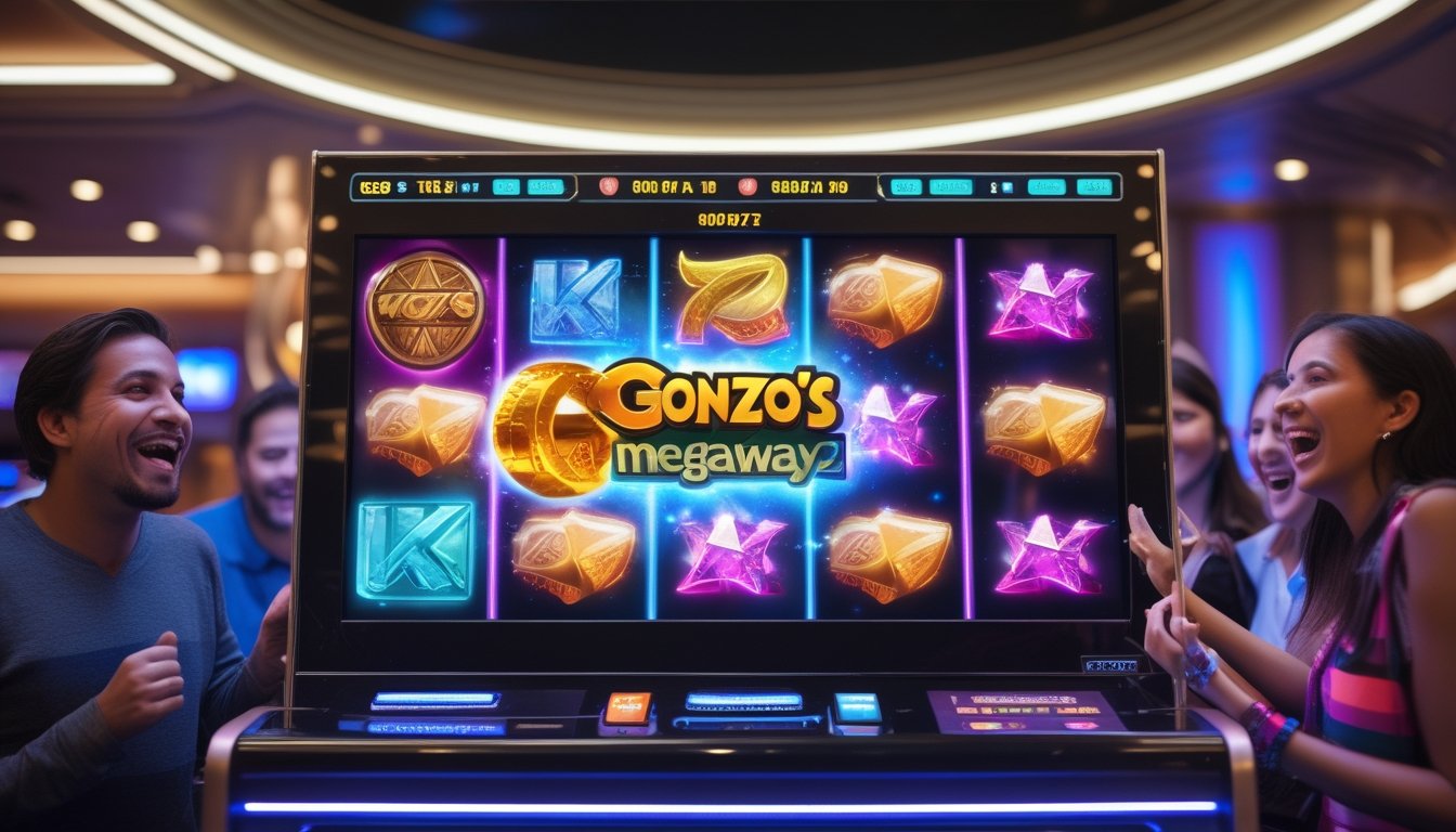 Orang-orang bermain mesin slot Gonzo's Quest Megaways di kasino dengan ekspresi antusias dan latar belakang interior kasino modern.