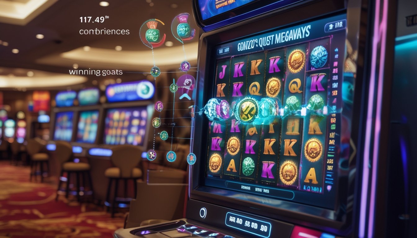 Mesin slot digital dengan gulungan berwarna-warni dan grafik peluang menang di latar kasino modern.