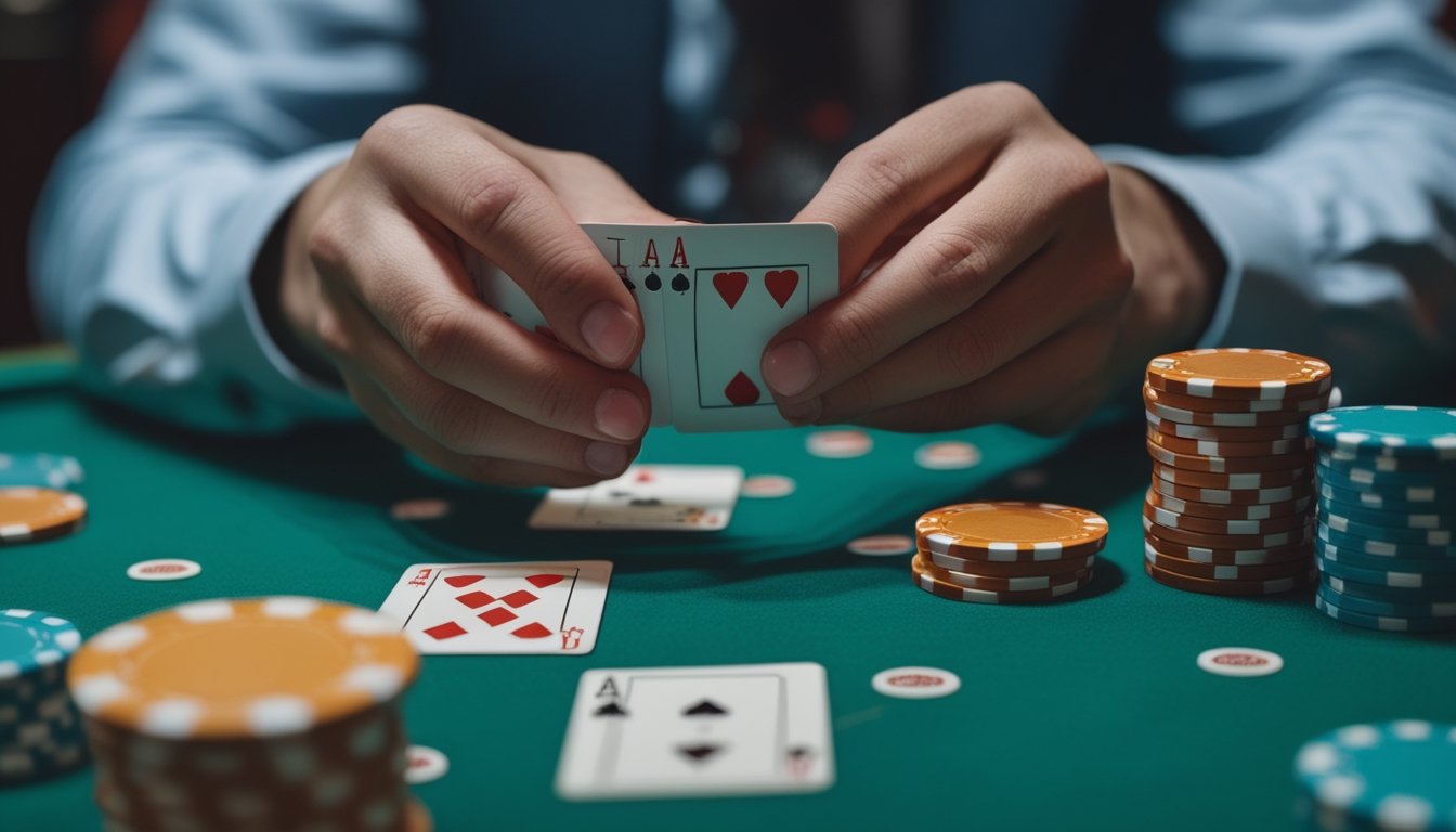 Seorang pemain sedang memegang kartu mini poker di meja kasino dengan tumpukan chip di dekatnya.