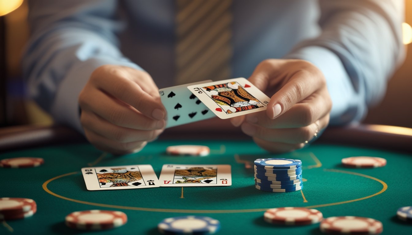 Tangan yang memegang kartu mini poker di atas meja kasino dengan tumpukan chip poker di sampingnya.