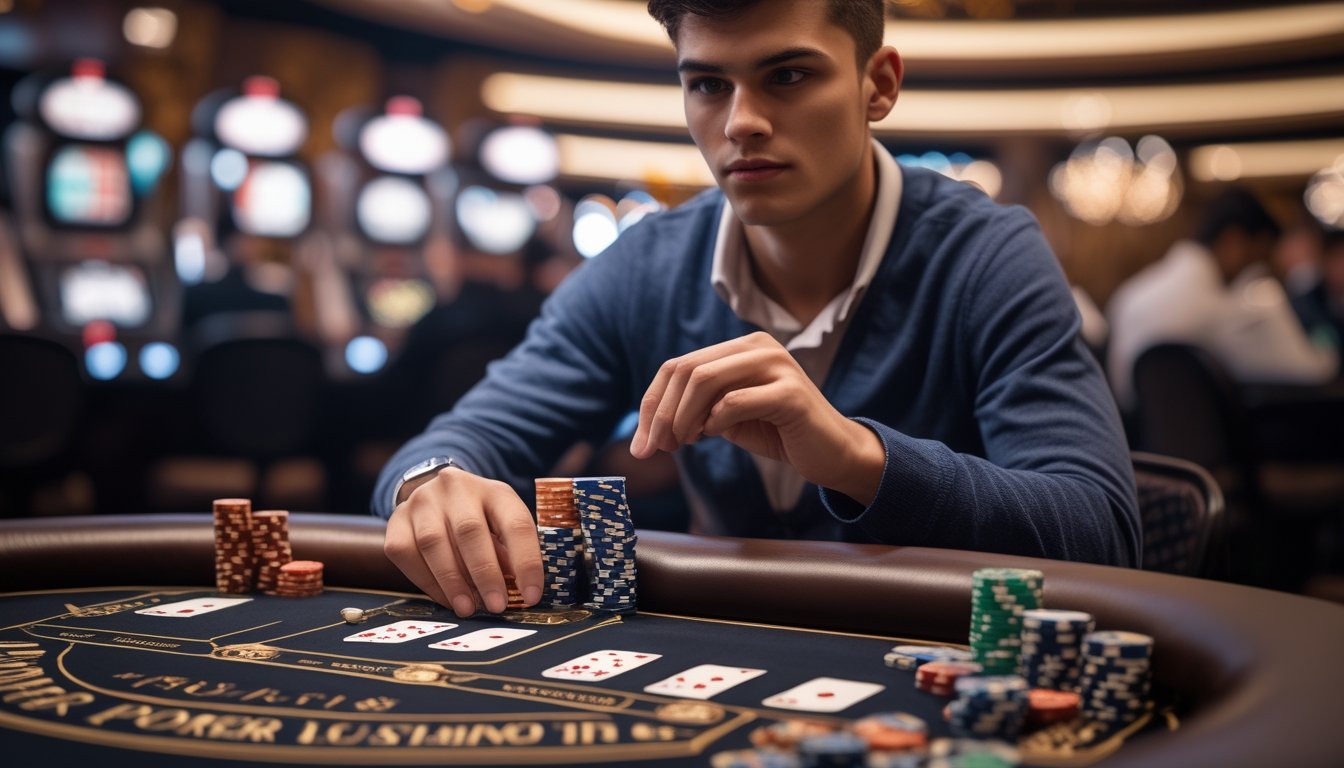 Seorang pemula sedang duduk di meja poker mini dengan kartu dan chip poker, tampak fokus dan menganalisis kartu di tangannya.