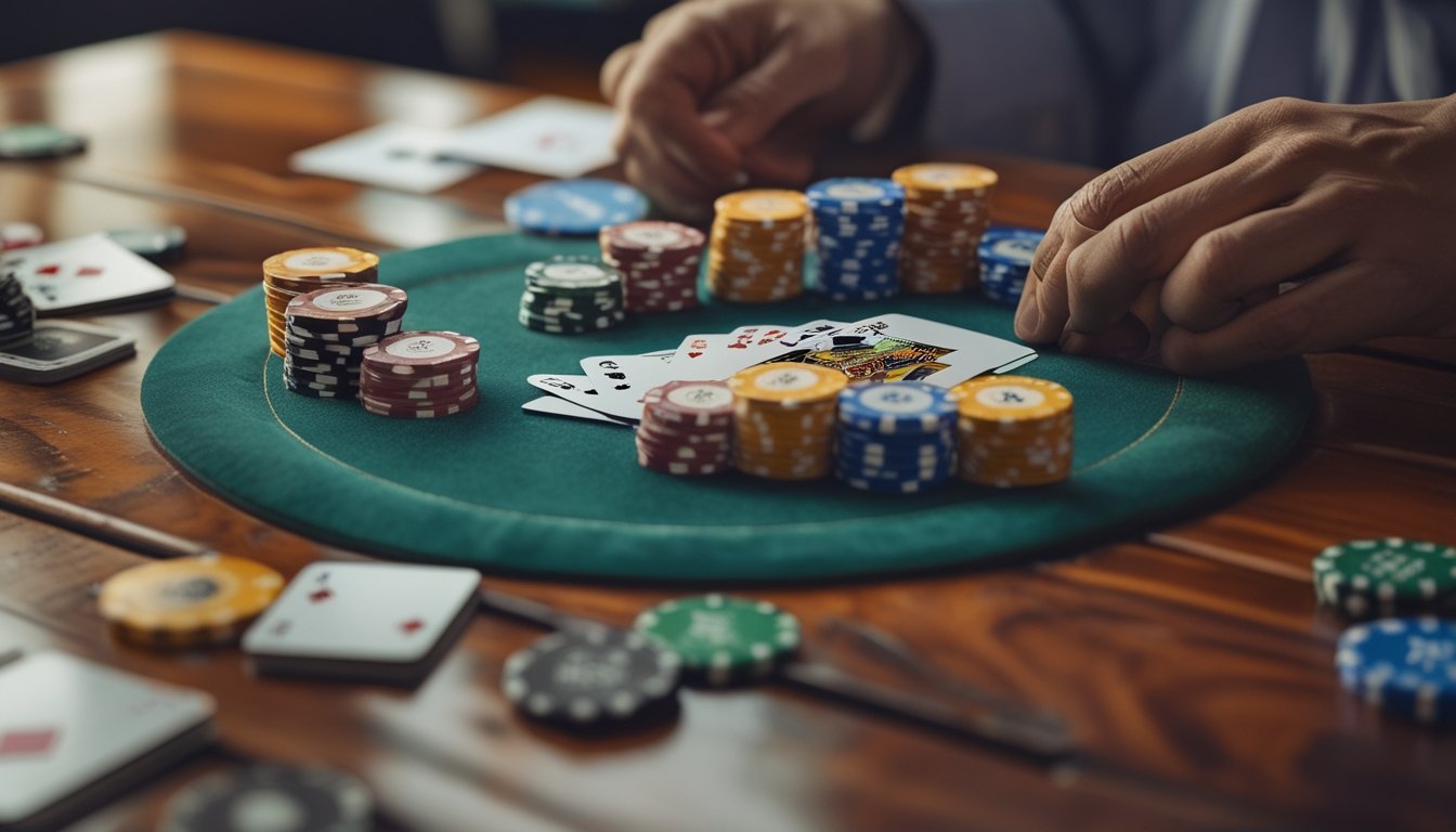 Tangan memegang kartu poker di atas meja dengan tumpukan chip poker berwarna-warni.
