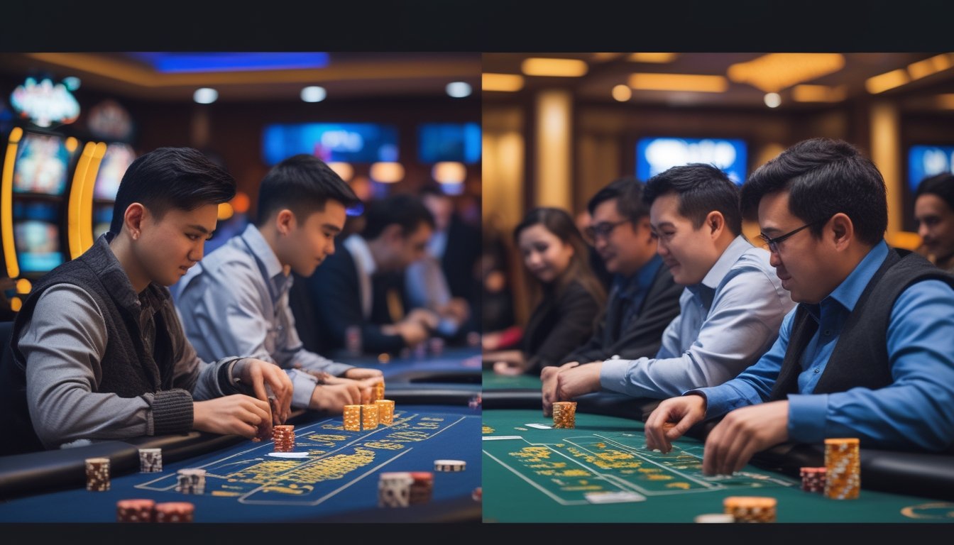 Dua meja poker berdampingan di kasino, satu untuk Mini Poker dengan kartu dan chip sedikit, satu untuk Poker Klasik dengan kartu dan chip banyak serta beberapa pemain bermain.