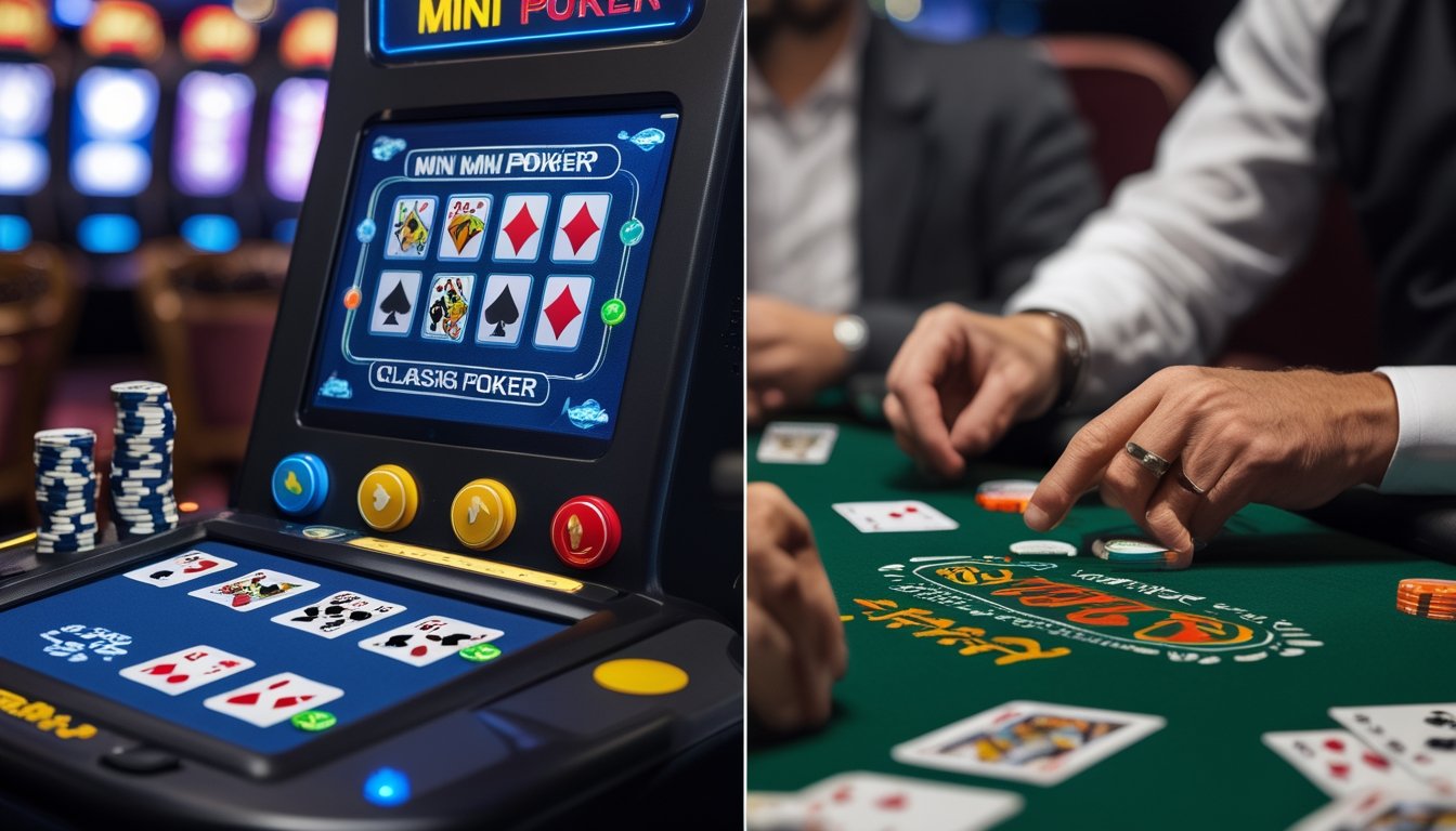Gambar yang menampilkan mesin Mini Poker modern di satu sisi dan meja poker klasik dengan kartu dan chip di sisi lain.