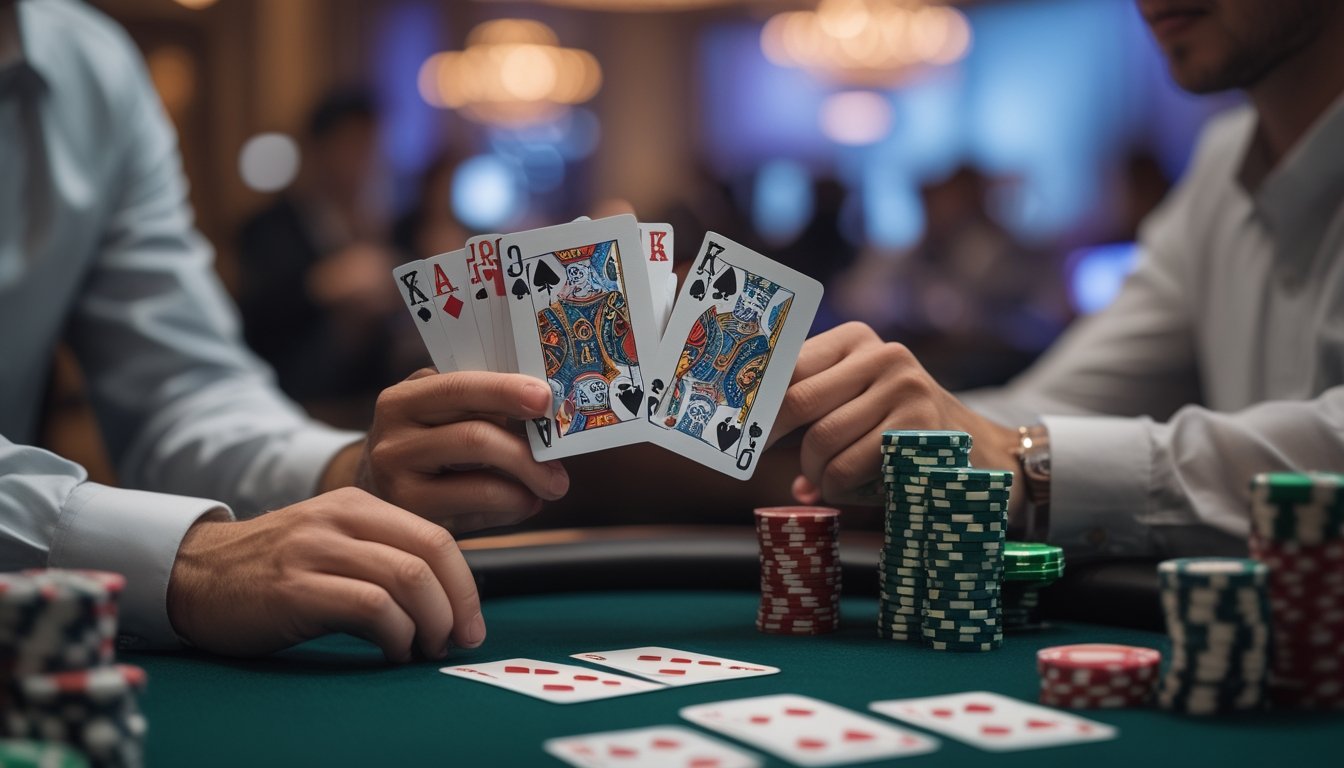 Tangan pemain memegang kartu poker menang di meja mini poker dengan tumpukan chip di atas meja hijau.