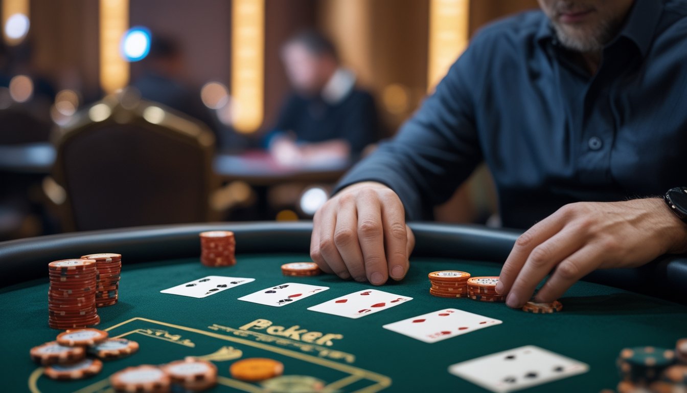 Seorang pemain poker fokus duduk di meja mini poker dengan kartu dan chip di depan, suasana kasino terlihat di latar belakang.