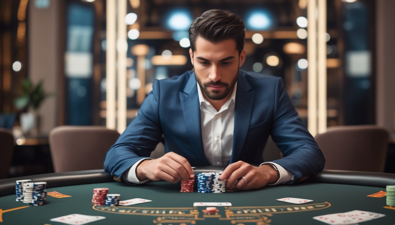 Seorang pria sedang duduk di meja poker dengan chip dan kartu, fokus mengatur modal bermain mini poker agar tidak cepat bangkrut.