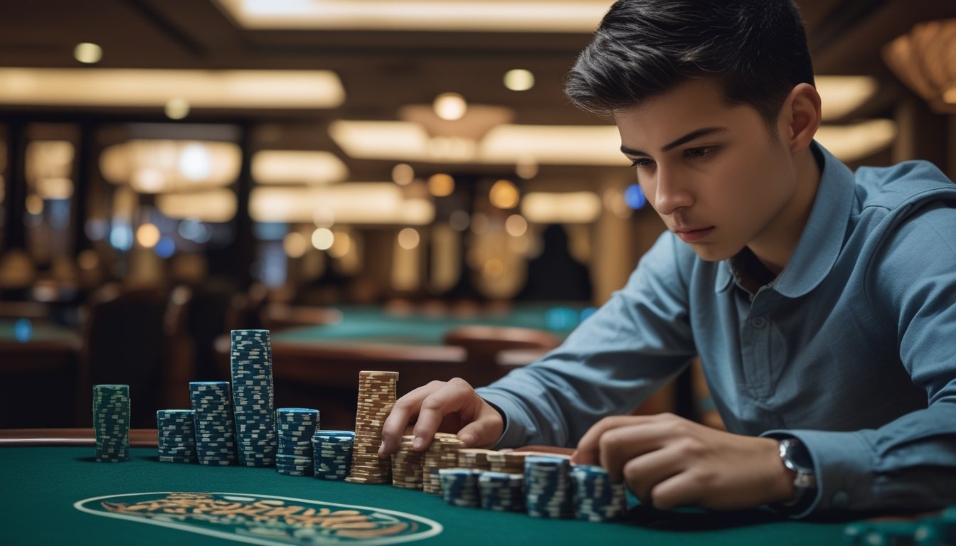 Seorang dewasa muda duduk di meja poker dengan tumpukan chip dan kartu, tampak fokus mengelola modal bermain mini poker.