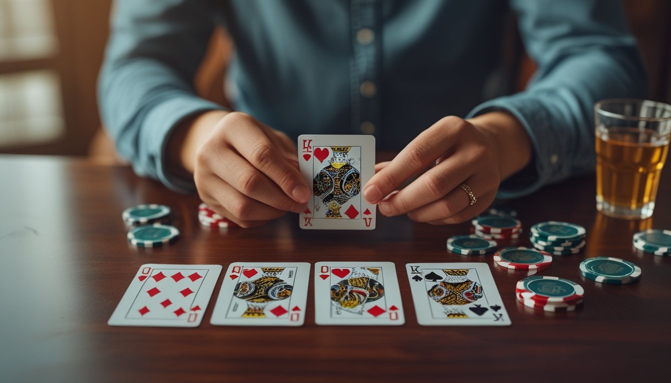 Seseorang sedang memegang dan mengamati kartu permainan mini poker di atas meja kayu dengan tumpukan chip poker di sampingnya.