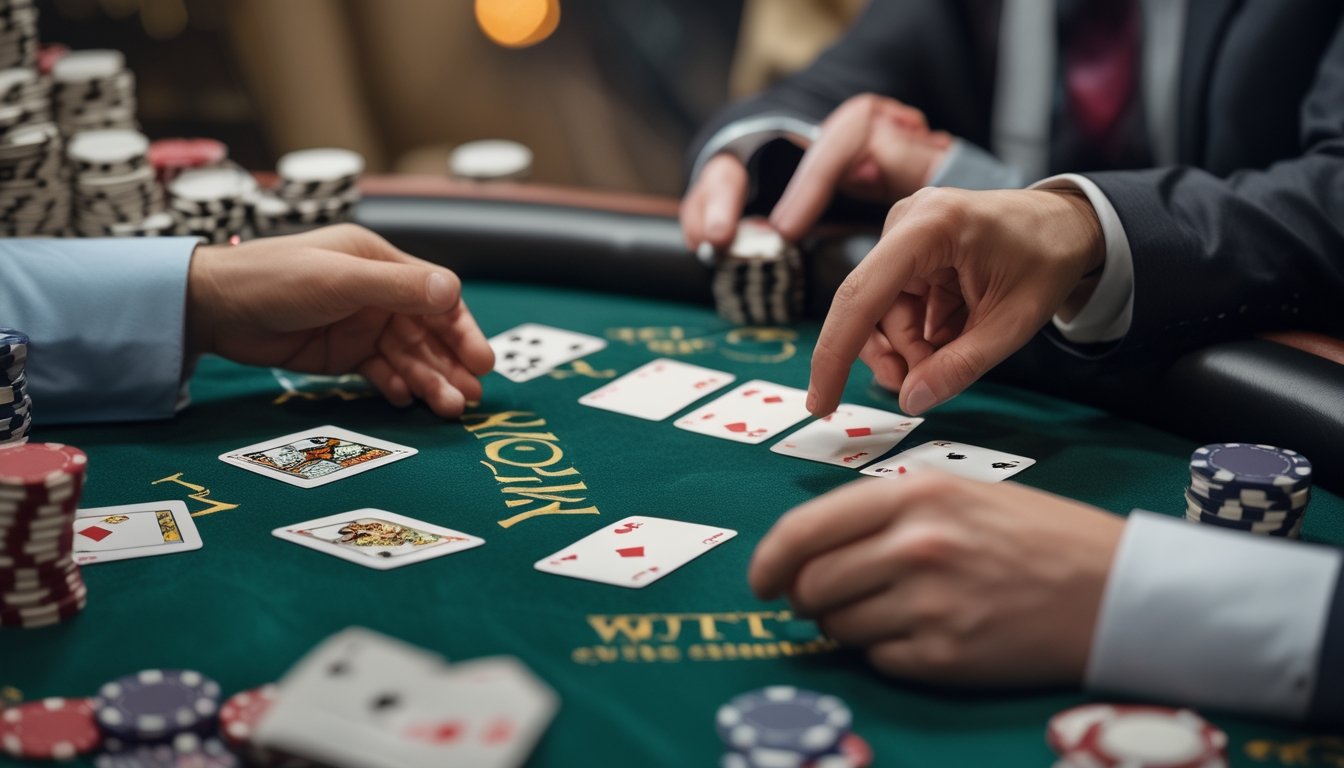 Seseorang sedang memegang dan menganalisis kartu poker di meja permainan dengan tumpukan chip di sampingnya.
