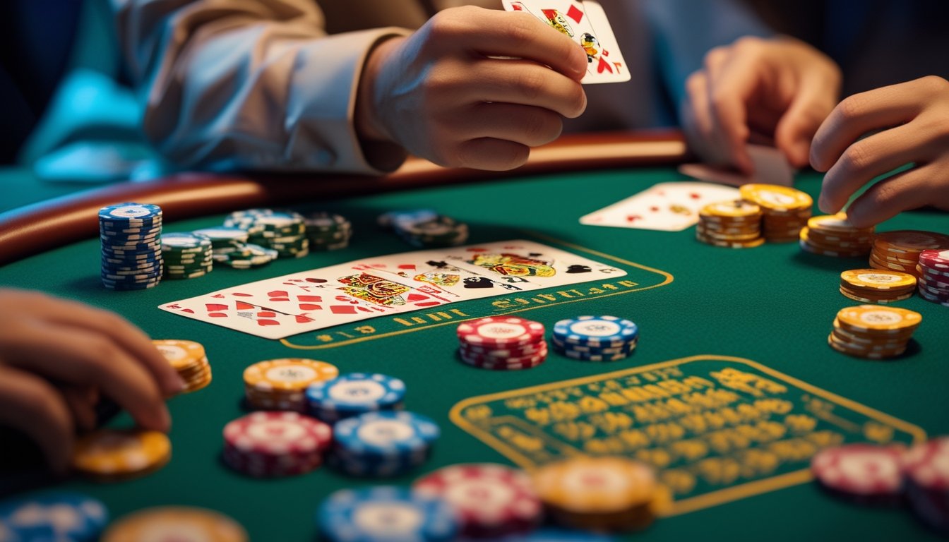 Meja kasino dengan kartu poker dan tumpukan chip, menampilkan permainan mini poker yang sedang berlangsung.