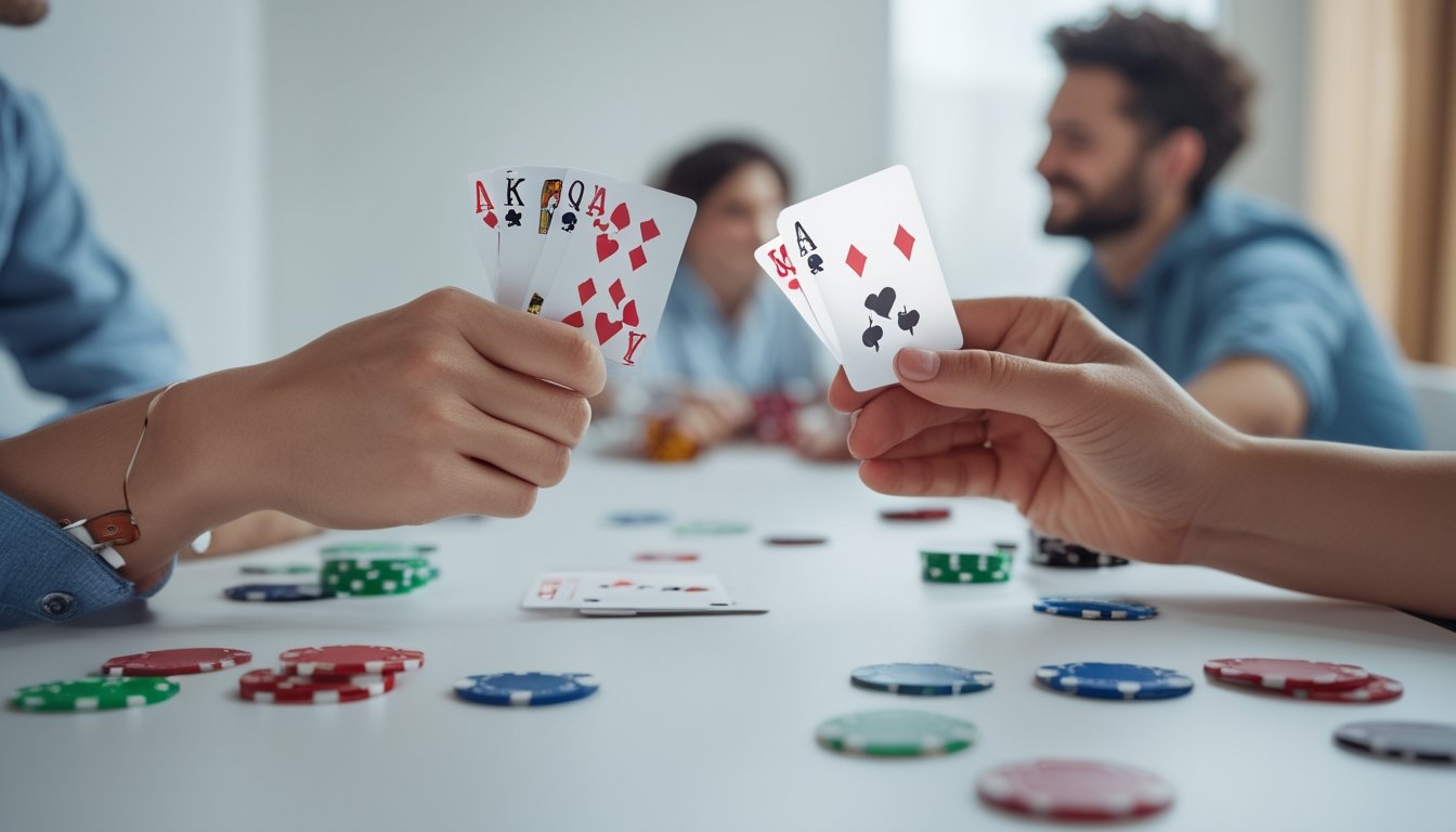 Tangan memegang kartu poker mini di atas meja permainan yang rapi dengan chip poker dan pemain tersenyum di latar belakang.