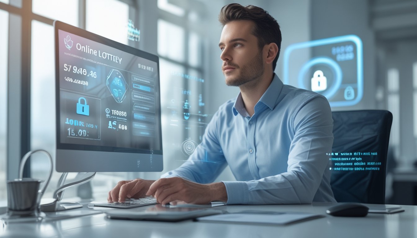 Seorang profesional duduk di meja modern sambil menganalisis data digital dengan latar kantor terang dan peralatan teknologi canggih.