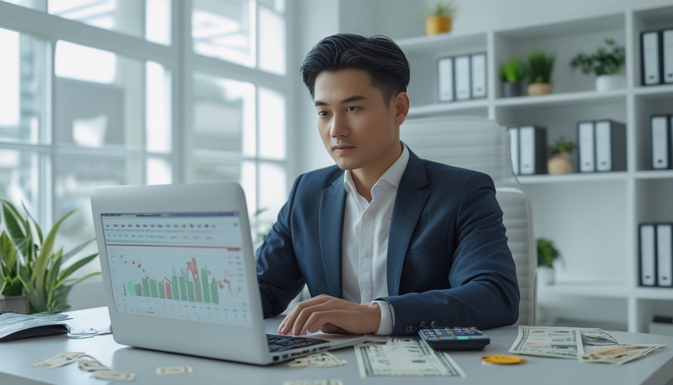 Seorang pria Asia Tenggara duduk di meja kantor modern, fokus melihat layar laptop dengan elemen terkait keuangan dan permainan di sekitarnya.