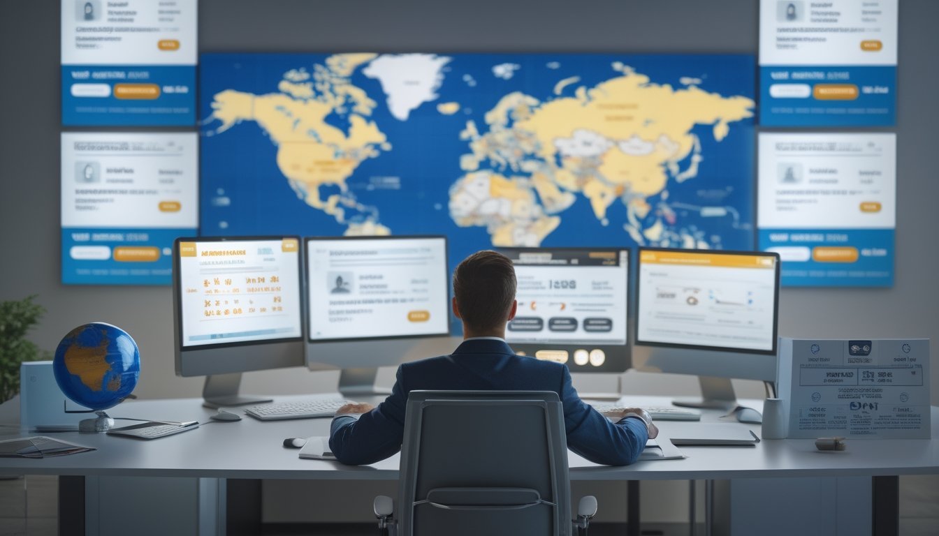 Seorang profesional duduk di meja kerja dengan beberapa layar komputer menampilkan data lotere dan peta dunia di latar belakang.