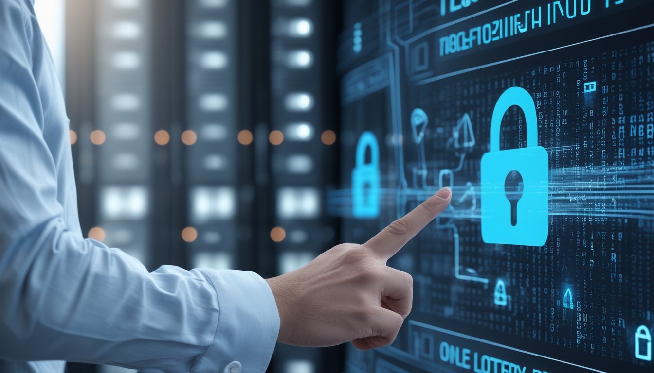 Seorang profesional menggunakan layar sentuh dengan ikon kunci dan kode biner yang mengambang, di latar belakang terdapat server data yang aman.