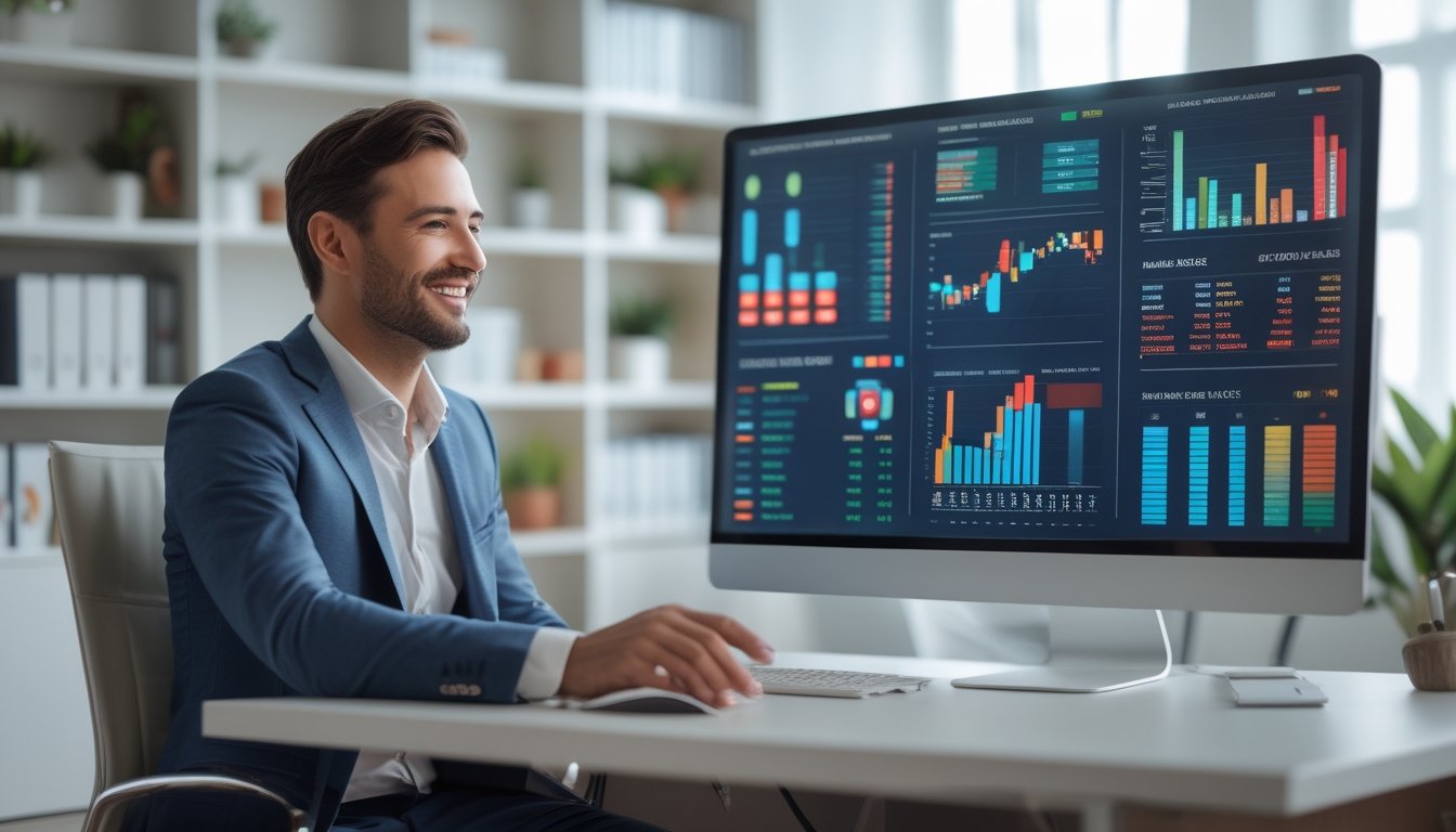 Seorang pria percaya diri duduk di meja kerja modern dengan monitor komputer yang menampilkan berbagai grafik warna-warni di kantor yang terang dan rapi.
