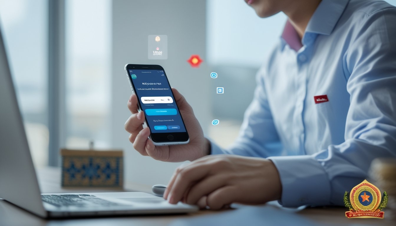 Tangan seseorang menggunakan smartphone dan laptop untuk melakukan transaksi keuangan di lingkungan kantor yang rapi dengan elemen budaya Indonesia.