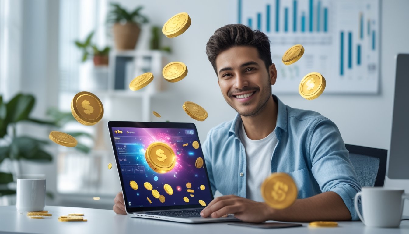 Seorang dewasa muda tersenyum duduk di meja kerja dengan laptop terbuka dan koin emas mengambang di sekitar, menunjukkan keuntungan bergabung dengan platform togel online.