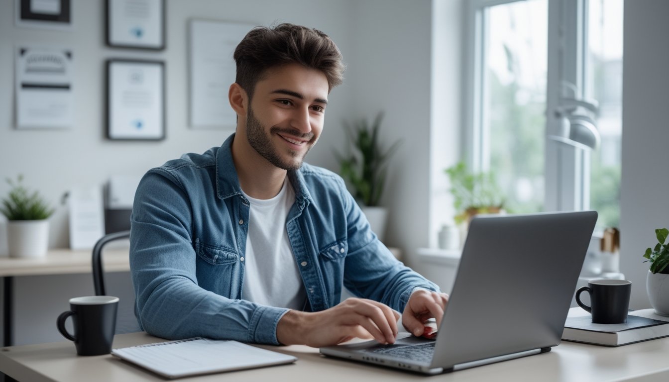 Seorang dewasa muda duduk di meja kerja rumah yang rapi dengan laptop terbuka, tampak fokus dan percaya diri saat bermain permainan togel online.