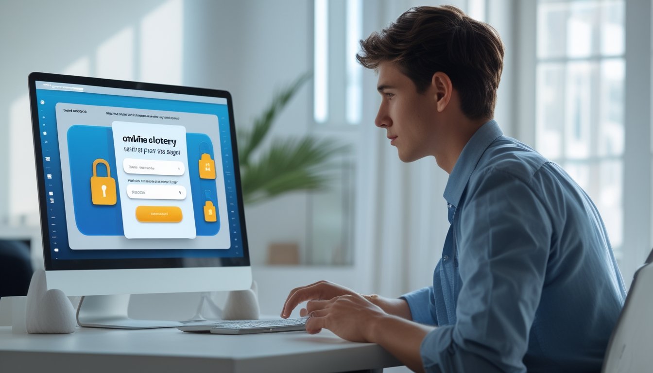 Seorang pria muda duduk di meja dengan laptop, fokus pada layar yang menampilkan platform togel online yang aman.