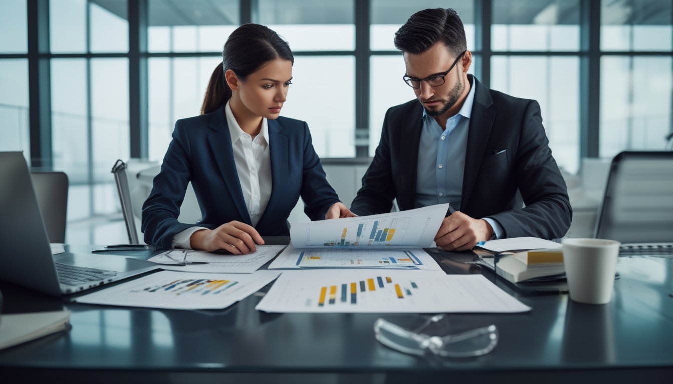 Dua profesional sedang berdiskusi dengan serius di kantor modern sambil meninjau dokumen dan grafik di laptop dan kertas.