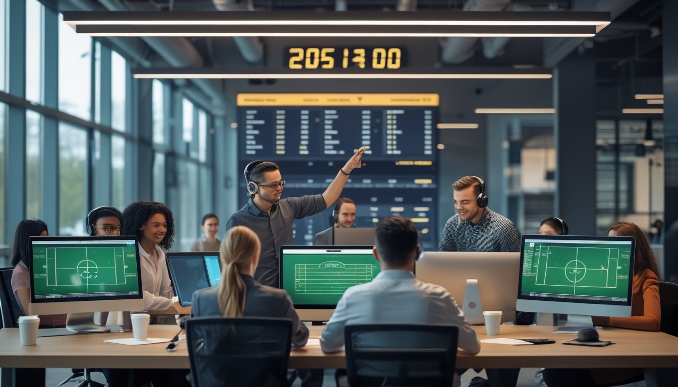Sekelompok orang di kantor modern sedang menganalisis data pertandingan sepak bola pada layar komputer dengan suasana kerja yang sibuk dan profesional.