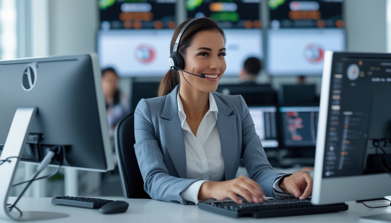 Seorang petugas layanan pelanggan yang percaya diri sedang menggunakan headset di meja kantor modern dengan layar komputer yang menampilkan data taruhan olahraga dan indikator layanan 24 jam.