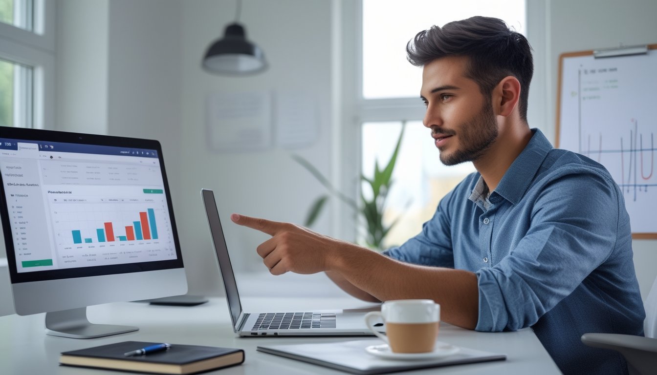 Seorang pria muda duduk di meja dengan laptop membuka data taruhan olahraga, di ruang kerja yang terang dan rapi.