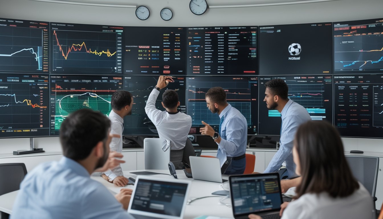 Sekelompok orang sedang menganalisis data taruhan sepak bola di depan layar digital besar di sebuah kantor modern.