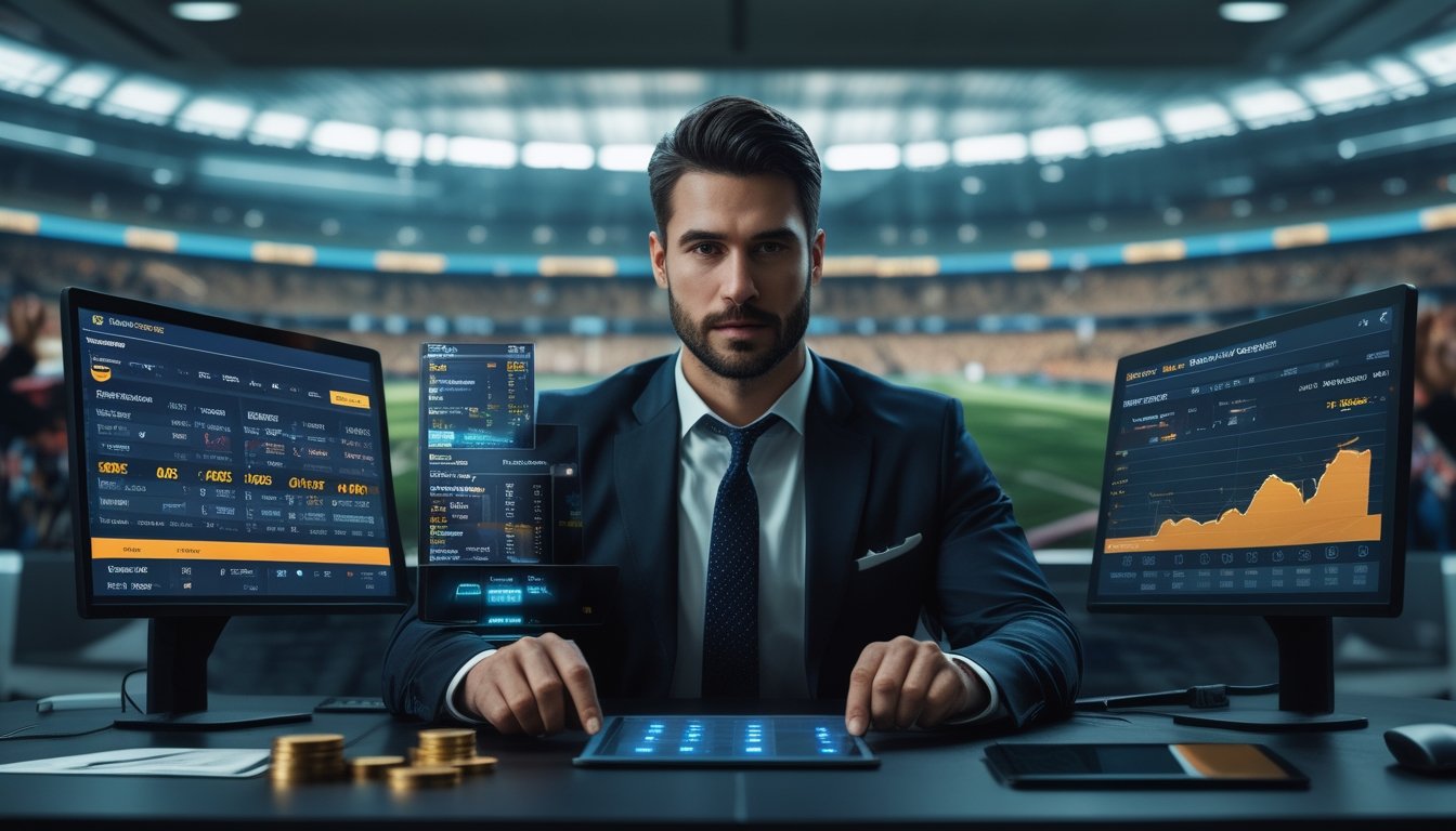 Seorang pria berpakaian rapi duduk di depan beberapa layar komputer yang menampilkan data taruhan sepak bola dan grafik keuangan di sebuah kantor modern.