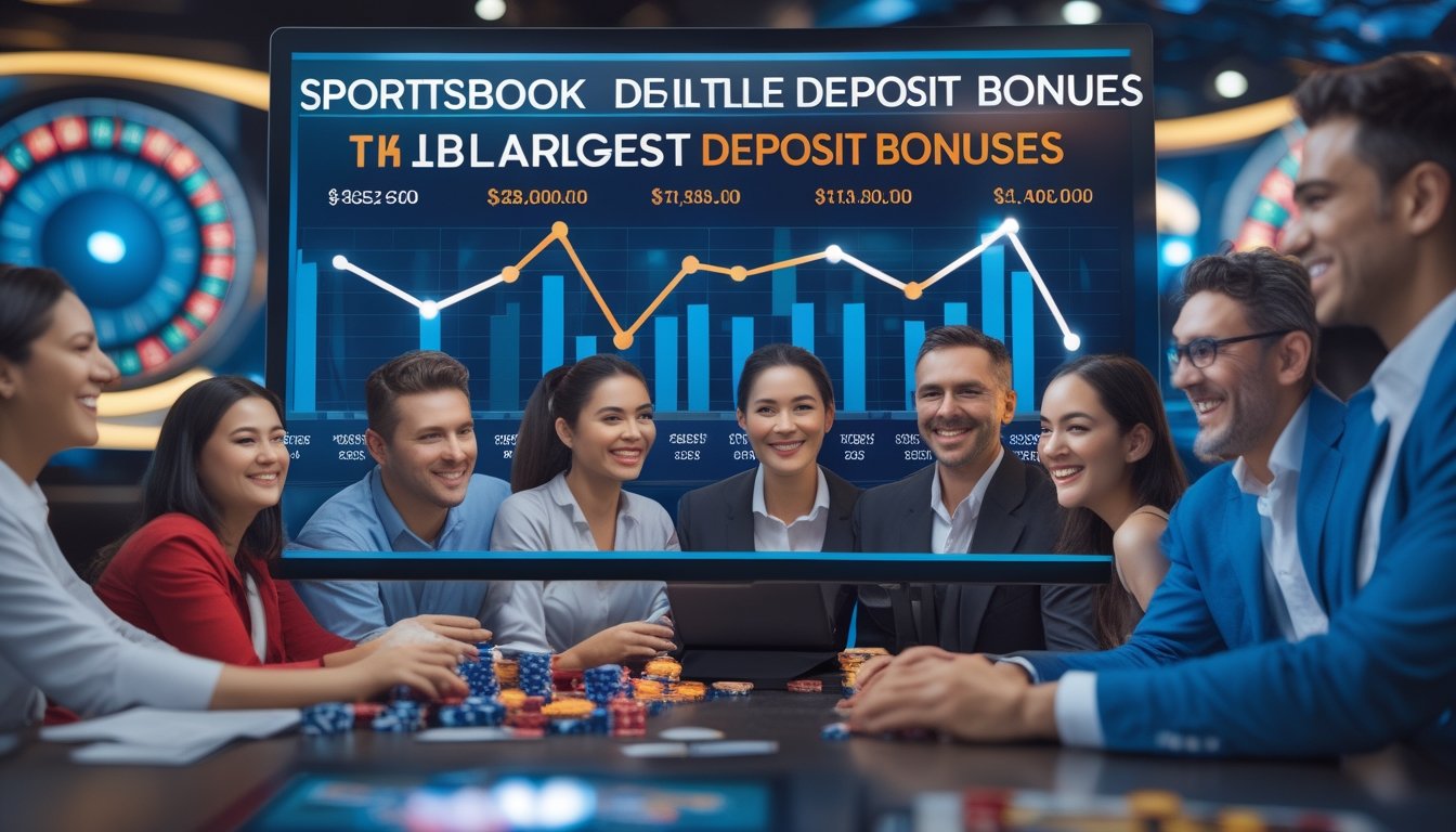 Sekelompok orang yang bahagia berkumpul di depan layar digital yang menampilkan grafik dan angka, dengan latar belakang elemen kasino seperti chip dan kartu remi.