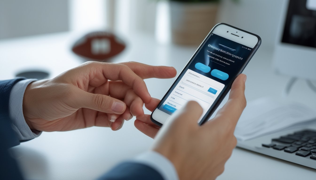 Seseorang menggunakan smartphone untuk mendaftar akun di platform taruhan olahraga terpercaya.