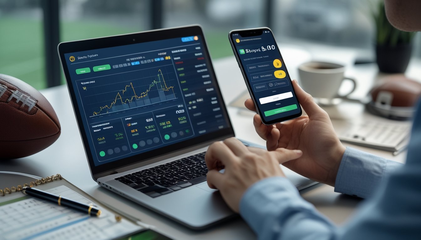 Meja kerja modern dengan laptop dan ponsel yang menampilkan aplikasi transaksi cepat untuk deposit dan penarikan pada situs taruhan bola, dengan tangan seseorang sedang menggunakan perangkat tersebut.