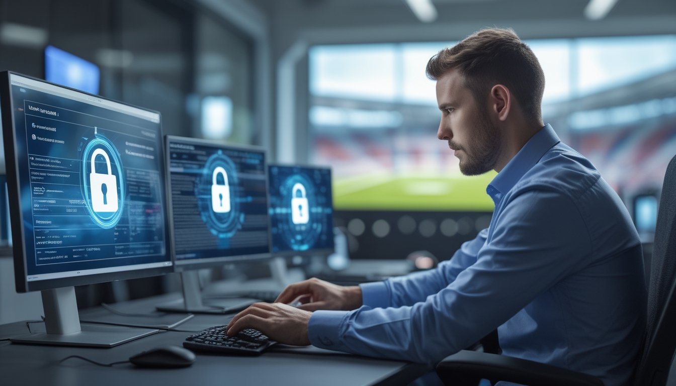 Seorang ahli keamanan IT sedang bekerja dengan beberapa layar komputer yang menampilkan data terenkripsi dan ikon keamanan di kantor modern.