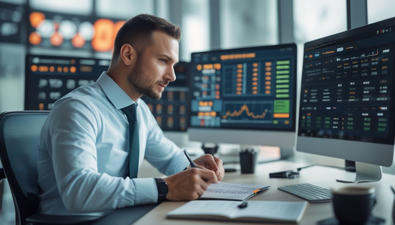 Seorang pria sedang menganalisis data taruhan bola di depan beberapa layar komputer di sebuah kantor modern.