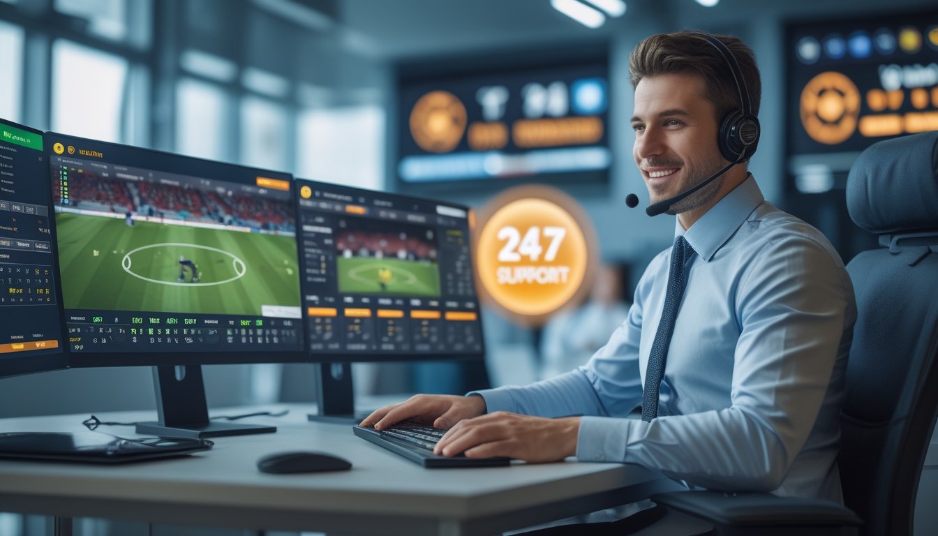 Seorang petugas layanan pelanggan sedang bekerja di kantor dengan beberapa layar komputer yang menampilkan pertandingan sepak bola dan peluang taruhan.