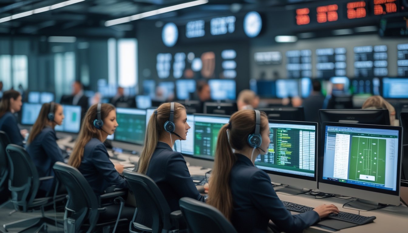 Suasana kantor modern dengan staf layanan pelanggan yang sedang bekerja, menampilkan layar komputer dengan pertandingan olahraga dan jam digital yang menunjukkan layanan 24 jam.