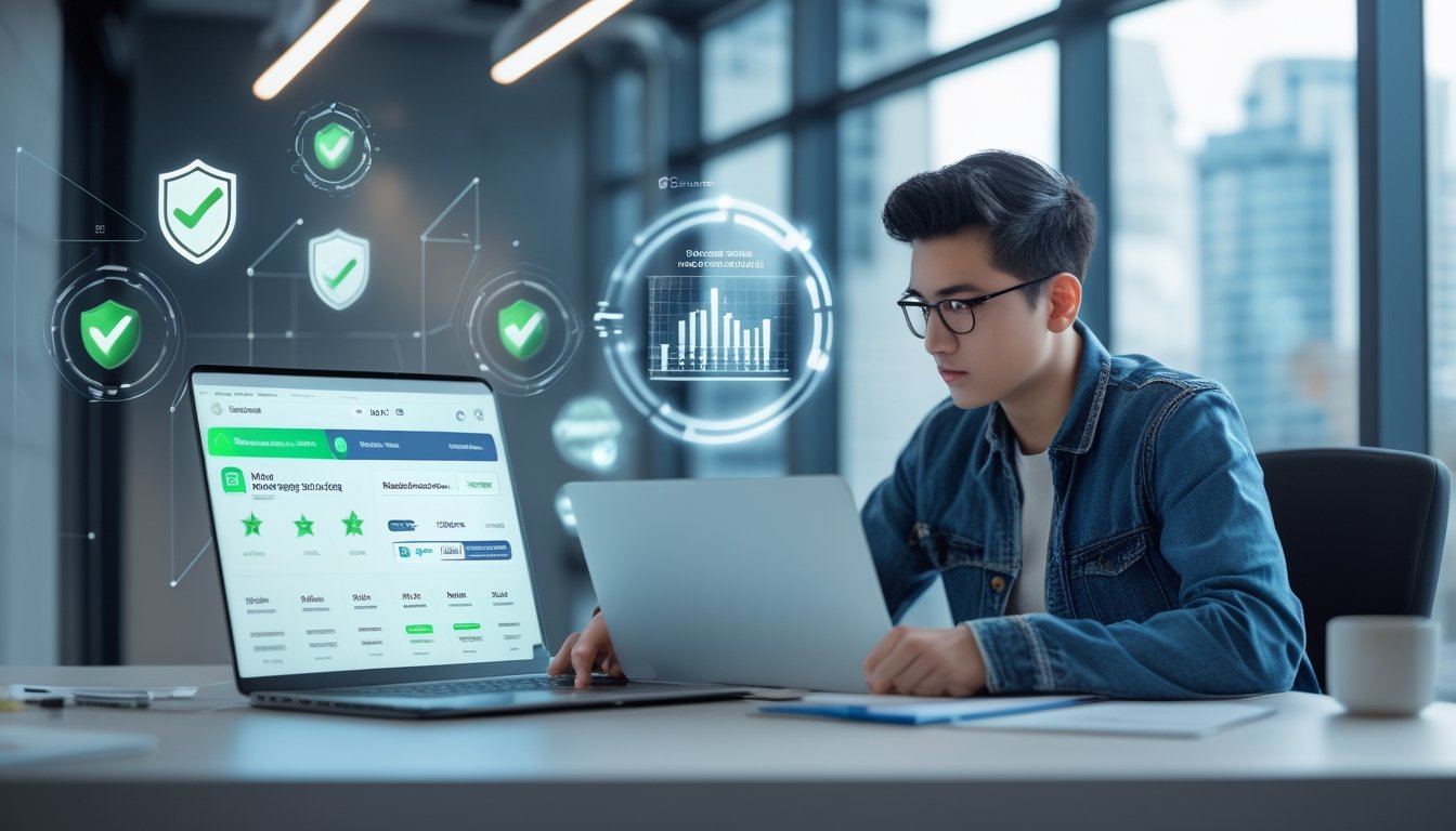 Seorang dewasa muda duduk di depan laptop dengan tampilan situs taruhan olahraga online yang aman, dikelilingi ikon keamanan dan grafik, di ruang kerja modern dengan pemandangan kota di belakang.