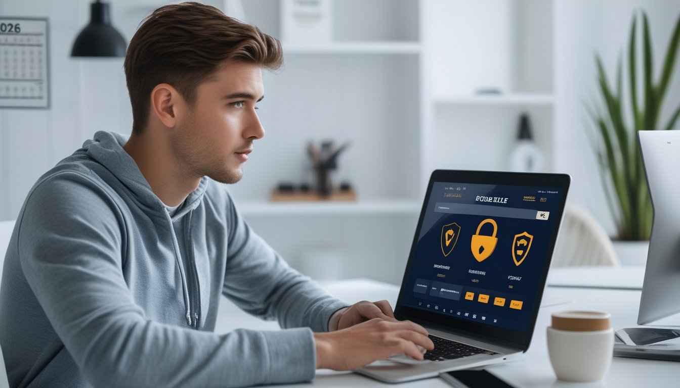 Seorang pria muda duduk di meja kerja dengan laptop, fokus pada layar yang menampilkan situs taruhan olahraga online yang aman, di sebuah ruang kerja rumah yang terang dan rapi.