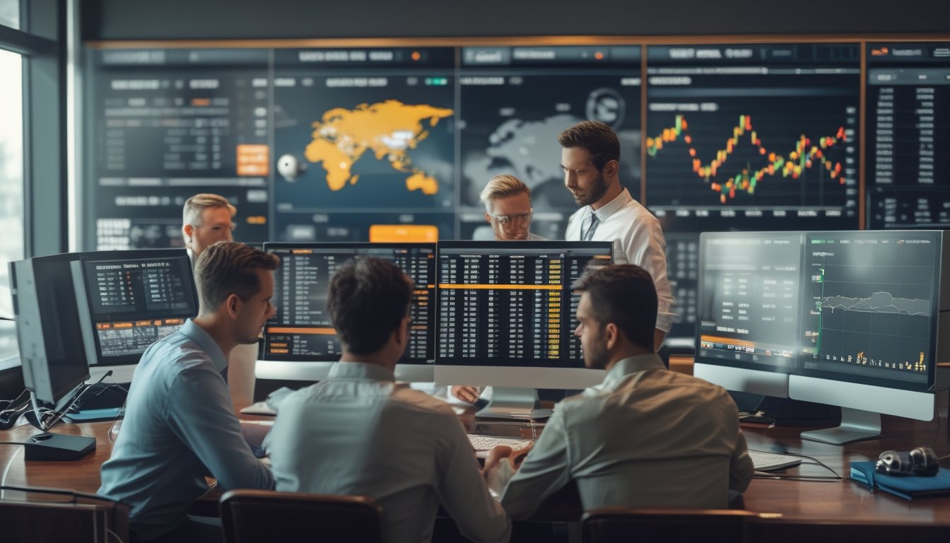 Sejumlah profesional sedang menganalisis data taruhan sepak bola di ruang kerja modern dengan beberapa monitor besar yang menampilkan grafik dan statistik taruhan.