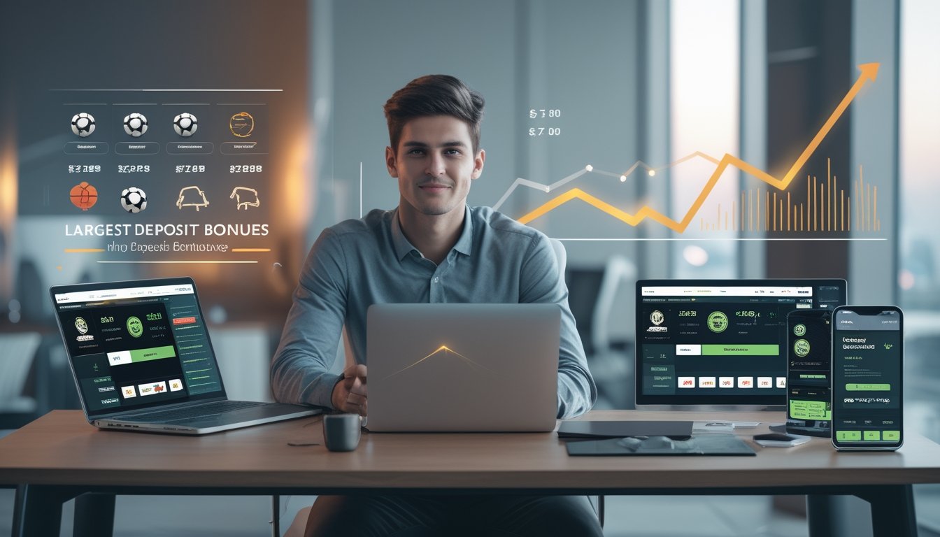Seorang pria muda duduk di meja dengan laptop dan ponsel yang menampilkan layar terkait taruhan sepak bola dan bonus, di ruang kantor modern.