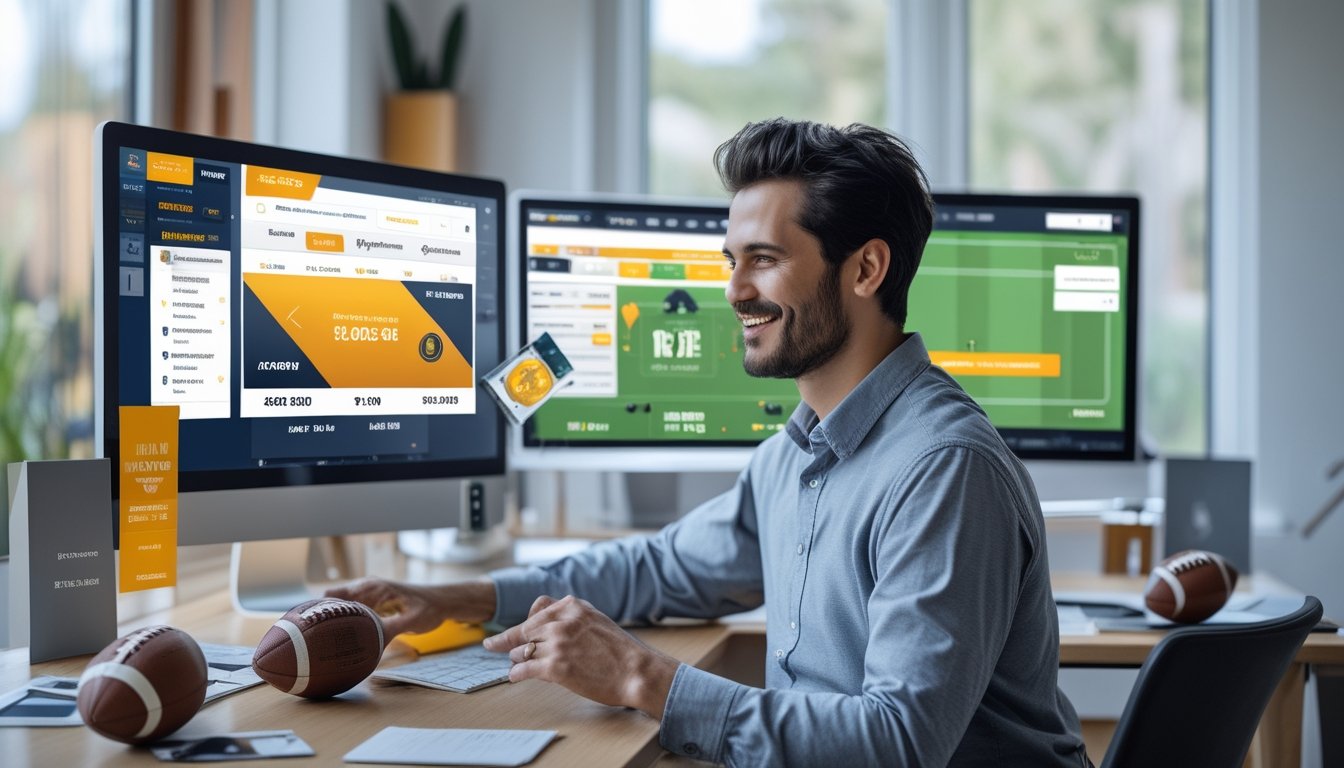 Seorang pria duduk di meja dengan perangkat digital yang menampilkan antarmuka taruhan olahraga online, terlihat senang dan fokus.