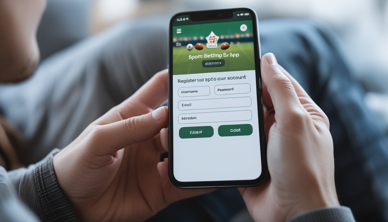 Tangan seseorang memegang smartphone dengan tampilan aplikasi taruhan olahraga yang sedang menampilkan formulir pendaftaran akun.