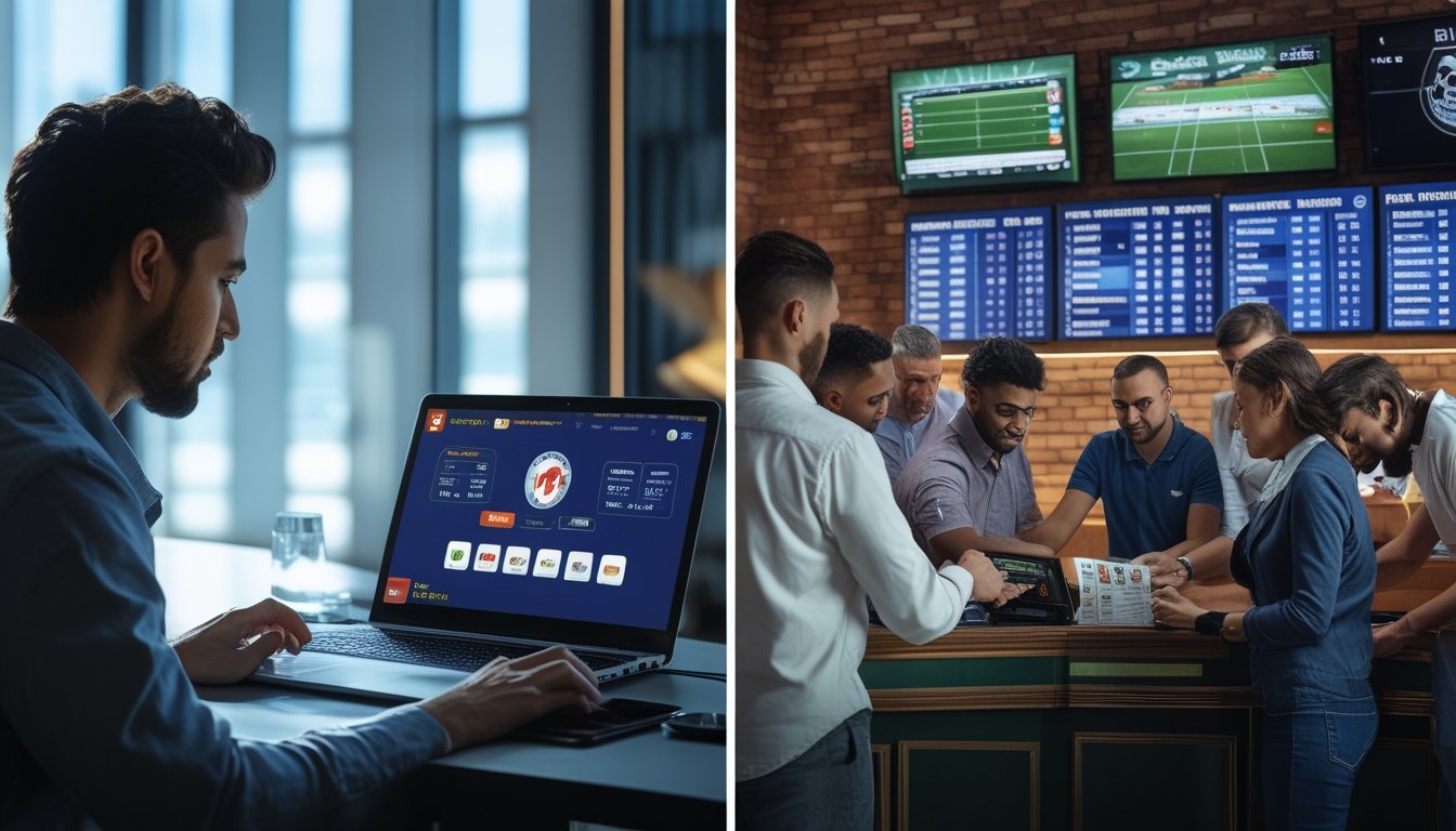 Seseorang menggunakan laptop dan ponsel untuk taruhan bola online di rumah, bersebelahan dengan suasana toko taruhan offline dengan beberapa orang berinteraksi dan melihat layar skor olahraga.