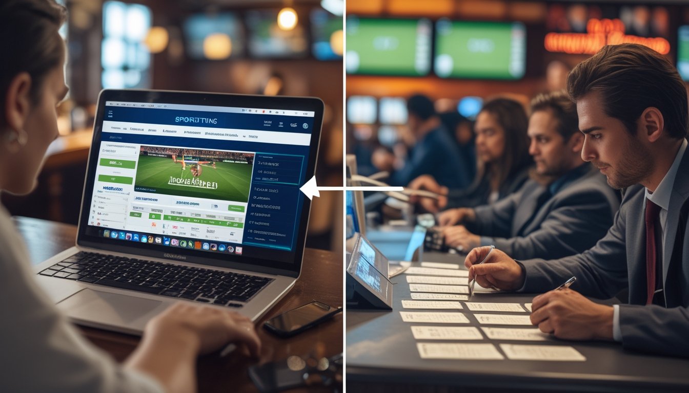 Seorang pria menggunakan laptop untuk taruhan bola online berdampingan dengan orang yang memasang taruhan di loket taruhan bola offline di sebuah tempat dengan layar menampilkan pertandingan olahraga.